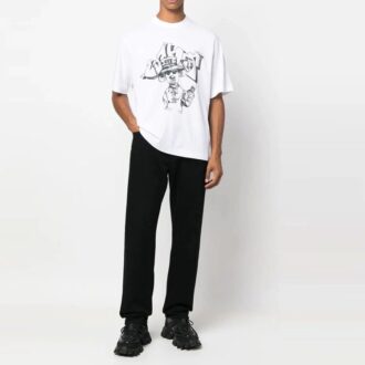 Off-White Men’ s FW22 Cartoon Printing Round Neck Short Sleeve Loose Fit White T-Shirt