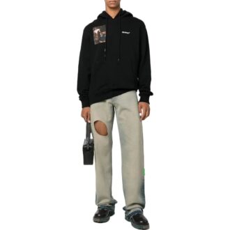 Off-White Men’ s FW22 Character Printing Hooded Long Sleeves Loose Fit Black