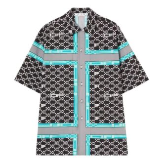 Off-White Men’ s FW22 Classic Logo Full Print Lapel Short Sleeve Loose Fit Black Shirt
