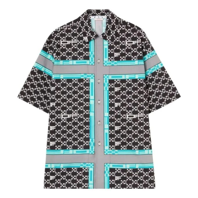 Off-White Men’ s FW22 Classic Logo Full Print Lapel Short Sleeve Loose Fit Black Shirt