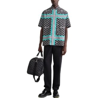 Off-White Men’ s FW22 Classic Logo Full Print Lapel Short Sleeve Loose Fit Black Shirt