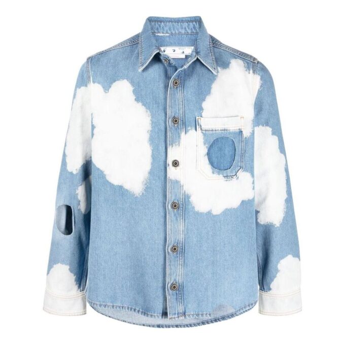 Off-White Men’ s FW22 Clouds Printing Hollow Out Long Sleeves Version Blue Shirt