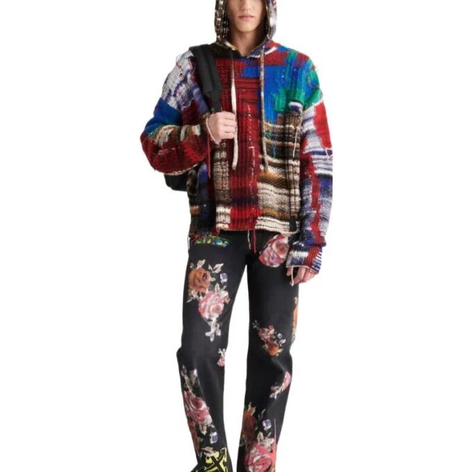 Off-White Men’ s FW22 Colorblock Hooded Knit Long Sleeves Wool Sweater