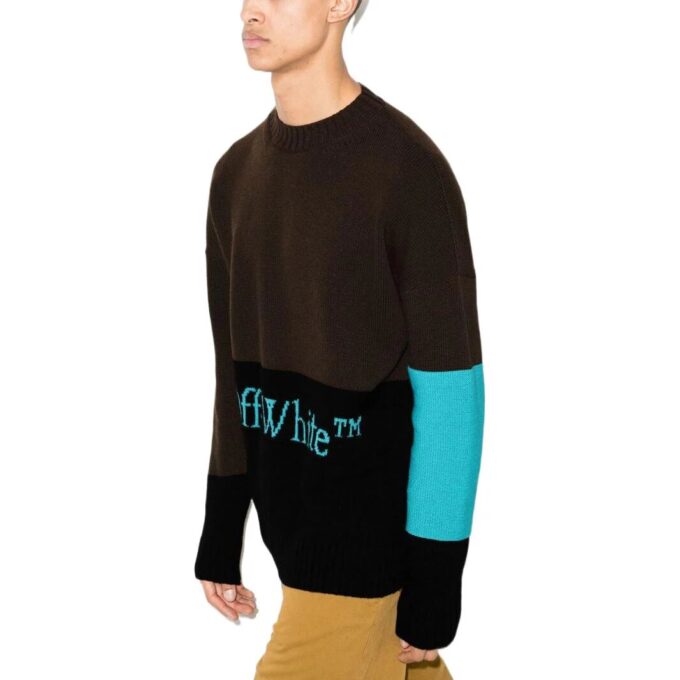 Off-White Men’ s FW22 Colorblock Logo Intarsia Round Neck Long Sleeves Wool Sweater Version Dark Brown