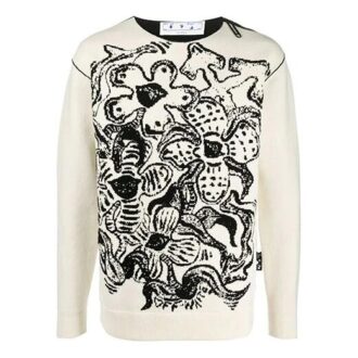 Off-White Men’ s FW22 Flowers Pattern Jacquard Round Neck Pullover Knit Wool Sweater Version White