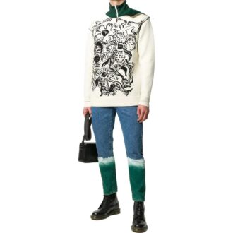 Off-White Men’ s FW22 Flowers Pattern Jacquard Round Neck Pullover Knit Wool Sweater Version White