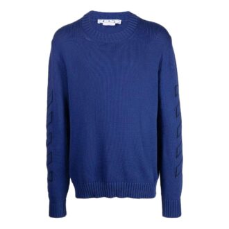 Off-White Men’ s FW22 Geometry Pattern Intarsia Knit Round Neck Long Sleeves Wool Sweater Blue