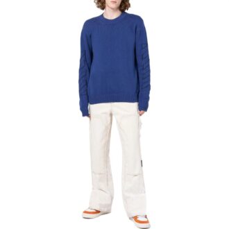 Off-White Men’ s FW22 Geometry Pattern Intarsia Knit Round Neck Long Sleeves Wool Sweater Blue