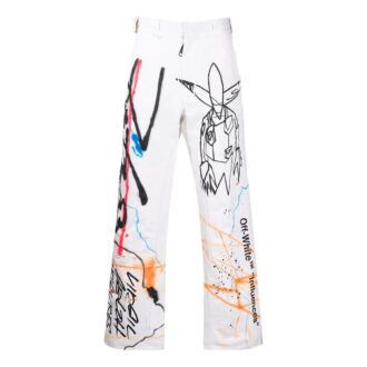 Off-White Men’ s FW22 Graffiti Printing High Waist Straight Casual Pants/Trousers Version White