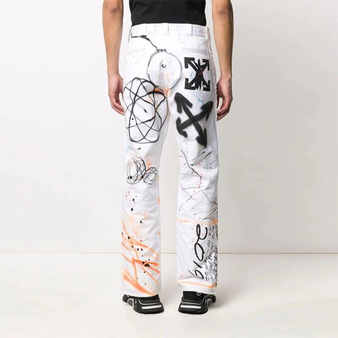 Off-White Men’ s FW22 Graffiti Printing High Waist Straight Casual Pants/Trousers Version White