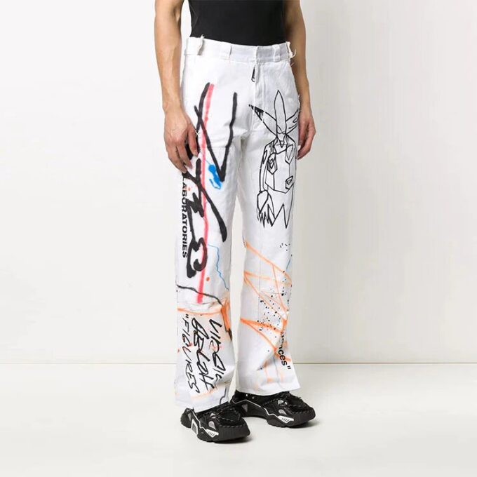 Off-White Men’ s FW22 Graffiti Printing High Waist Straight Casual Pants/Trousers Version White