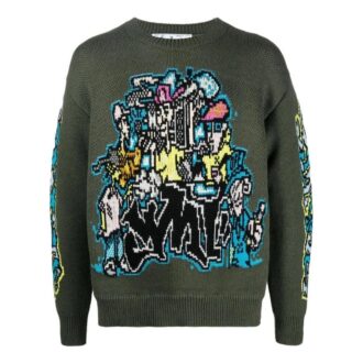 Off-White Men’ s FW22 Intarsia Knit Long Sleeves Wool Sweater Green