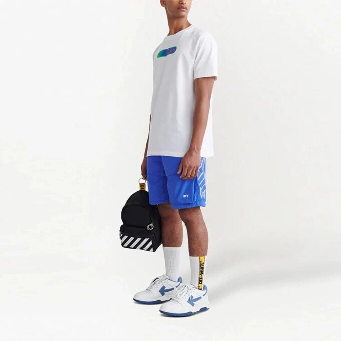 Off-White Men’ s FW22 Logo Diagonal Stripes Printing Drawstring Lacing Casual Shorts Version Blue