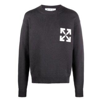 Off-White Men’ s FW22 Logo Intarsia Knit Round Neck Pullover Wool Sweater Loose Fit Black