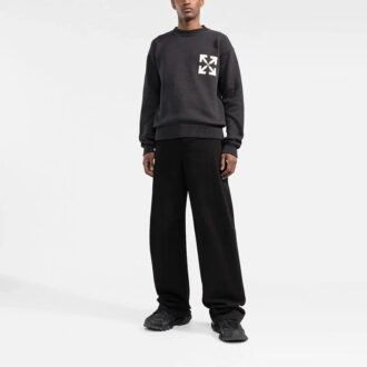 Off-White Men’ s FW22 Logo Intarsia Knit Round Neck Pullover Wool Sweater Loose Fit Black