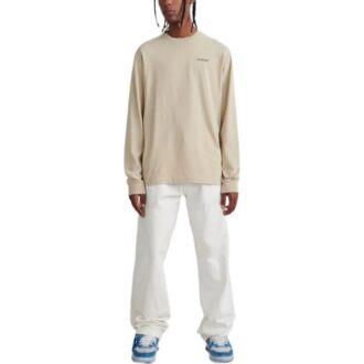 Off-White Men’ s FW22 Logo Printing Round Neck Pullover Long Sleeves Loose Fit Beige T-Shirt