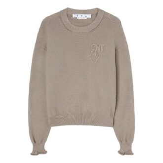 Off-White Men’ s FW22 Logo Round Neck Pullover Long Sleeves Wool Sweater Version Brown