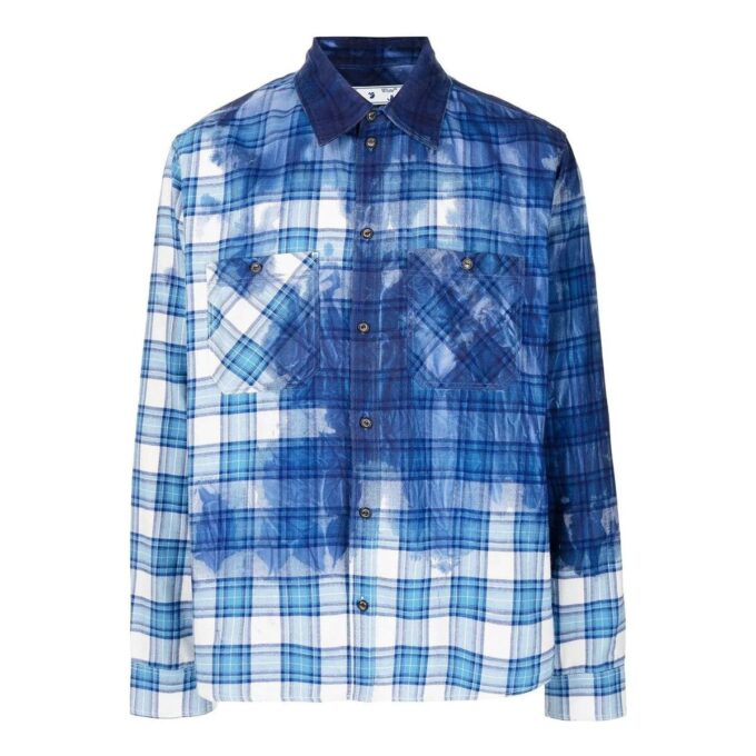 Off-White Men’ s FW22 Paint Splash Effect Plaid Long Sleeves Blue Shirt