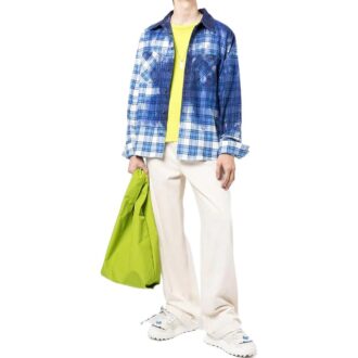 Off-White Men’ s FW22 Paint Splash Effect Plaid Long Sleeves Blue Shirt