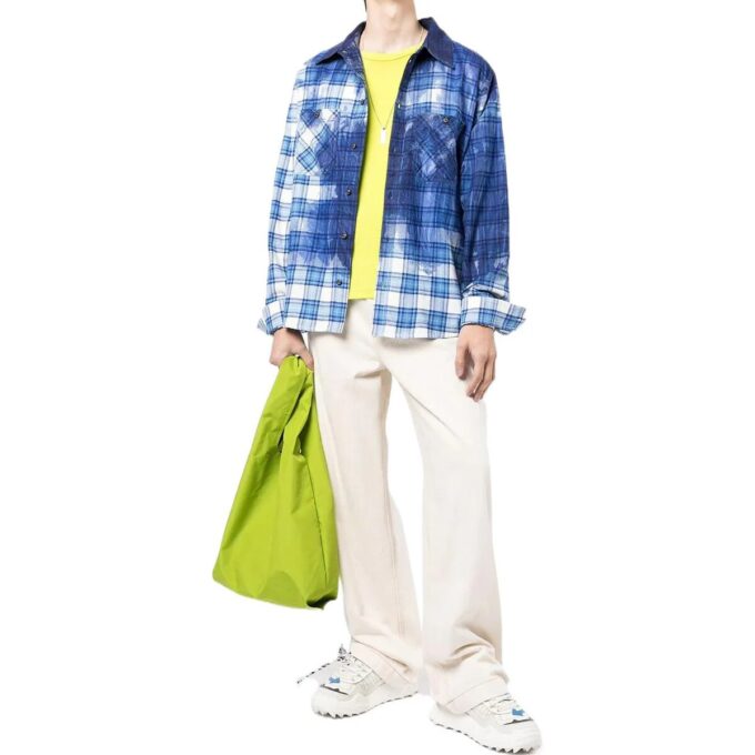 Off-White Men’ s FW22 Paint Splash Effect Plaid Long Sleeves Blue Shirt