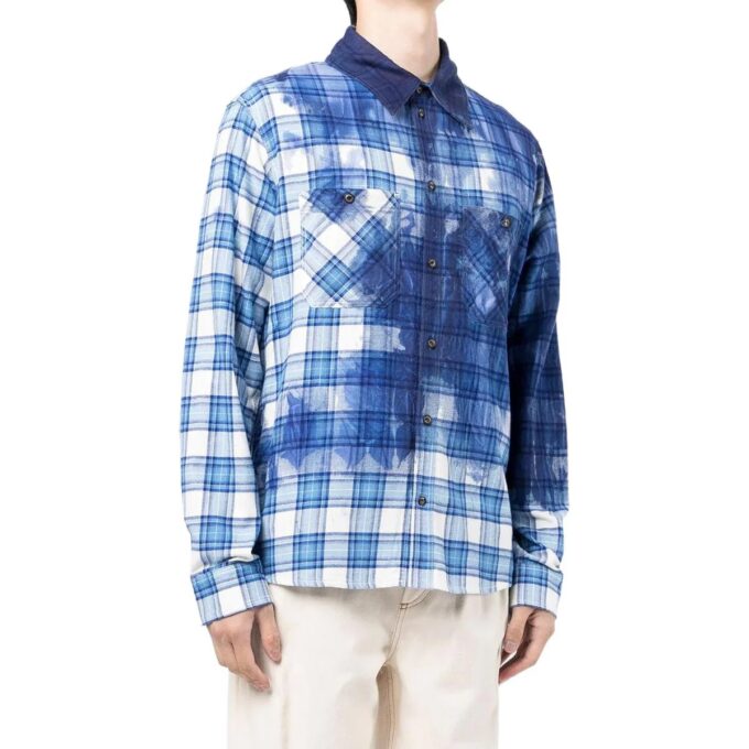 Off-White Men’ s FW22 Paint Splash Effect Plaid Long Sleeves Blue Shirt
