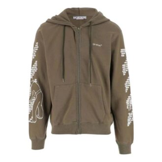 Off-White Men’ s FW22 Sleeve Pattern Printing Long Sleeves Zipper Loose Fit Military Green