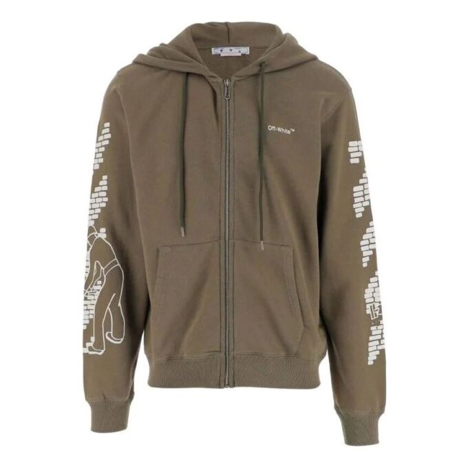 Off-White Men’ s FW22 Sleeve Pattern Printing Long Sleeves Zipper Loose Fit Military Green