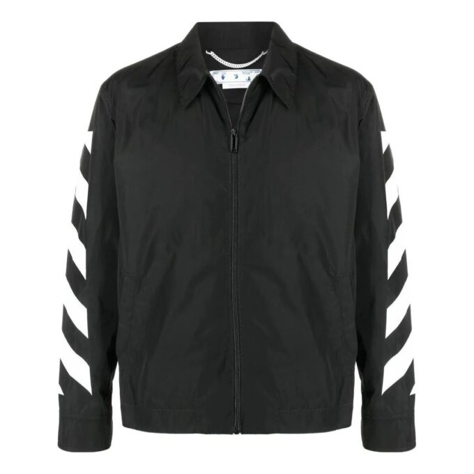 Off-White Men’ s FW22 Sleeve Side Stripe Design Lapel Zipper Jacket Black