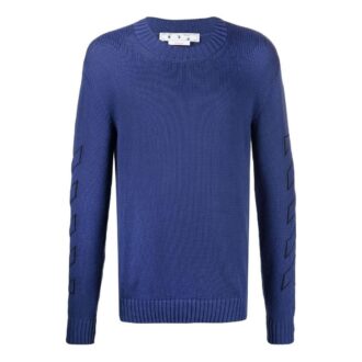 Off-White Men’ s FW22 Solid Color Logo Embroidered Round Neck Pullover Long Sleeves Wool Sweater Blue