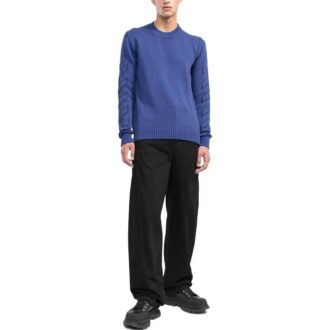 Off-White Men’ s FW22 Solid Color Logo Embroidered Round Neck Pullover Long Sleeves Wool Sweater Blue
