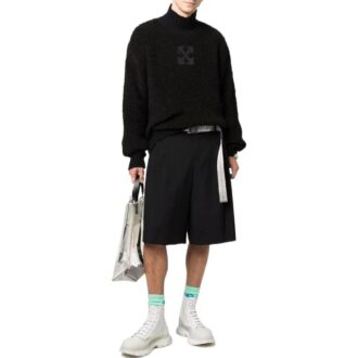 Off-White Men’ s FW22 Solid Color Logo Printing High Collar Wool Sweater Version Black