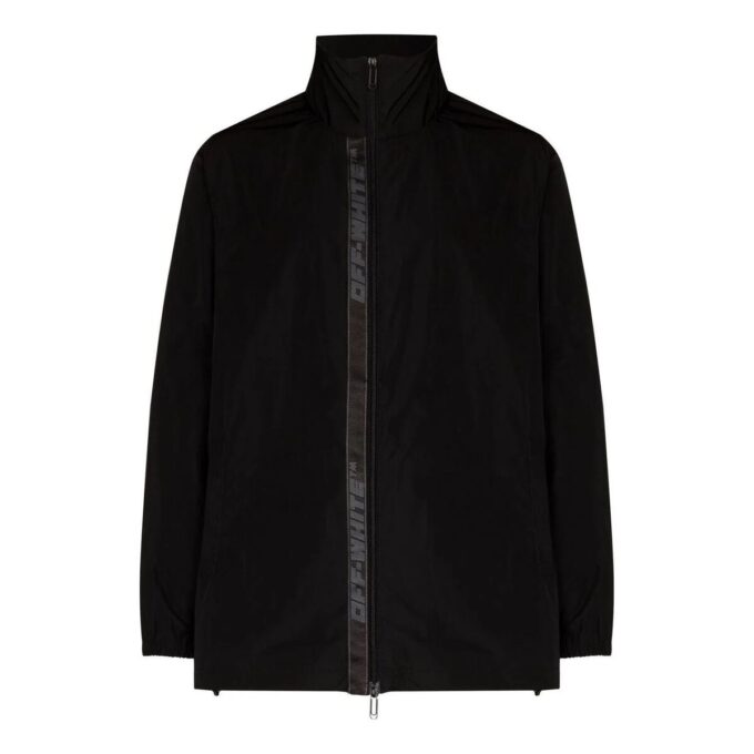 Off-White Men’ s FW22 Solid Color Logo Webbing Zipper Stand Collar Jacket Black
