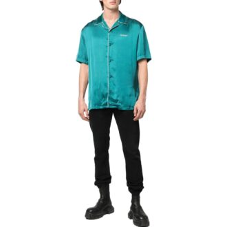 Off-White Men’ s FW22 Solid Color Minimalistic Satin Short Sleeve Blue Shirt