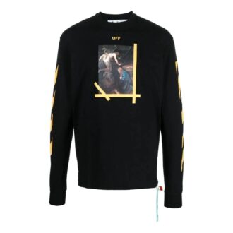 Off-White Men’ s FW22 Solid Color Round Neck Painting Printing Long Sleeves Black T-Shirt