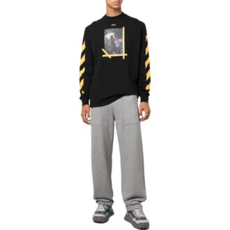 Off-White Men’ s FW22 Solid Color Round Neck Painting Printing Long Sleeves Black T-Shirt