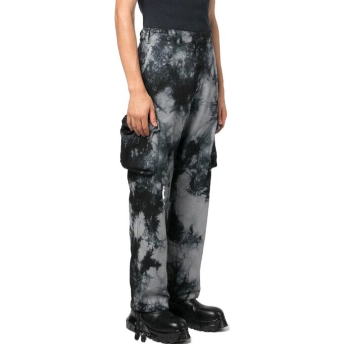 Off-White Men’ s FW22 Tie Dye Pattern Printing 3D Pocket Cargo Casual Pants/Trousers Black
