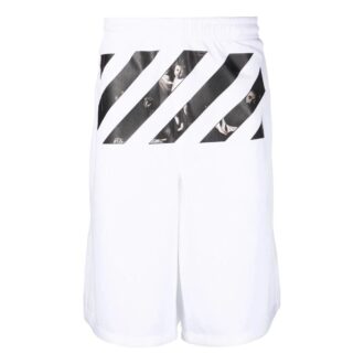 Off-White Men’ s FW22 Twill Printing Knee-Length Elastic Waistband Casual Shorts Loose Fit White