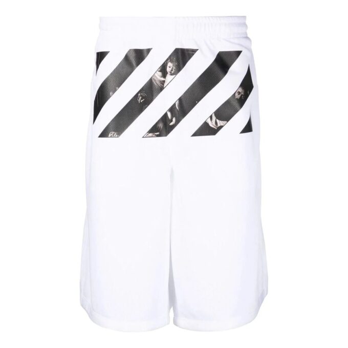 Off-White Men’ s FW22 Twill Printing Knee-Length Elastic Waistband Casual Shorts Loose Fit White