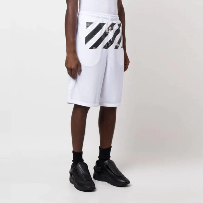 Off-White Men’ s FW22 Twill Printing Knee-Length Elastic Waistband Casual Shorts Loose Fit White