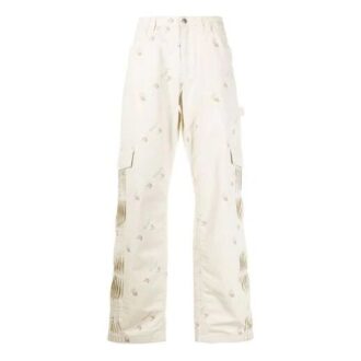 Off-White Men’ s Geometry Pattern Buckle Casual Long Pants/Trousers Loose Fit White