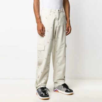 Off-White Men’ s Geometry Pattern Buckle Casual Long Pants/Trousers Loose Fit White