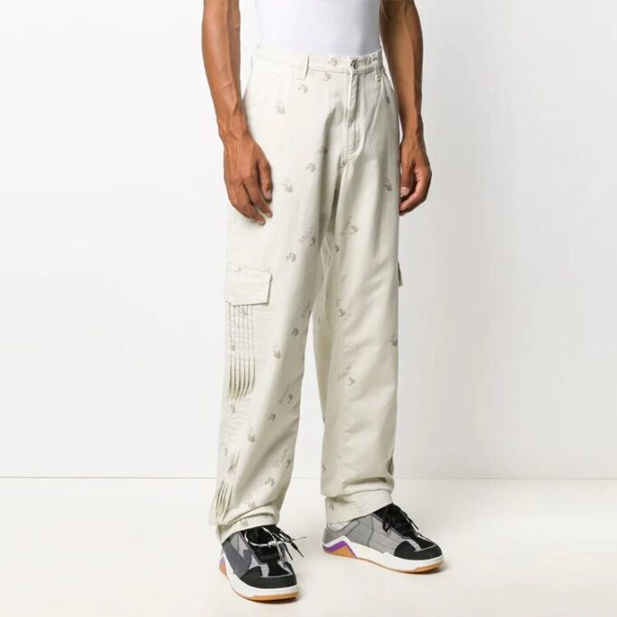 Off-White Men’ s Geometry Pattern Buckle Casual Long Pants/Trousers Loose Fit White