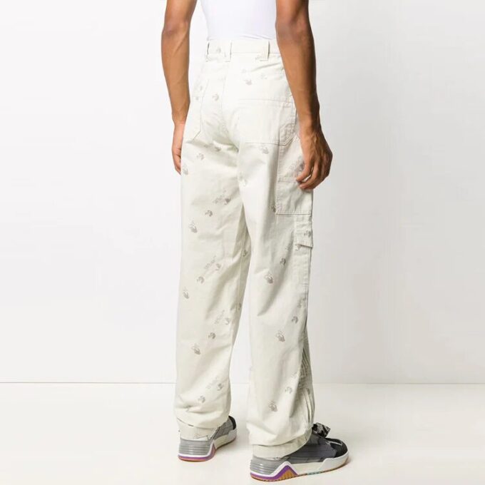 Off-White Men’ s Geometry Pattern Buckle Casual Long Pants/Trousers Loose Fit White