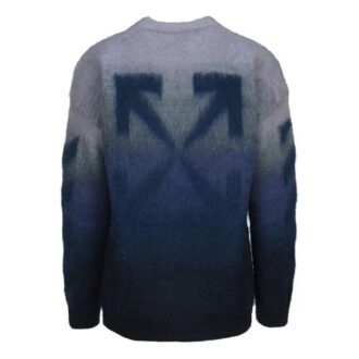 Off-White Men’ s Gradient Effect Round Neck Long Sleeves Wool Sweater Loose Fit Blue
