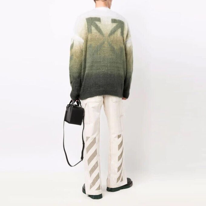 Off-White Men’ s Gradient Effect Round Neck Long Sleeves Wool Sweater Loose Fit Multicolor