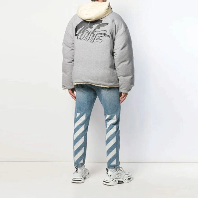 Off-White Men’ s Graffiti Alphabet Printing Double Sided Design Zipper Jacket Loose Fit Gray