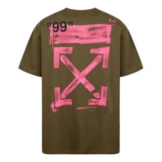 Off-White Men’ s Graffiti Arrow Pattern Short Sleeve Loose Fit Military Green T-Shirt