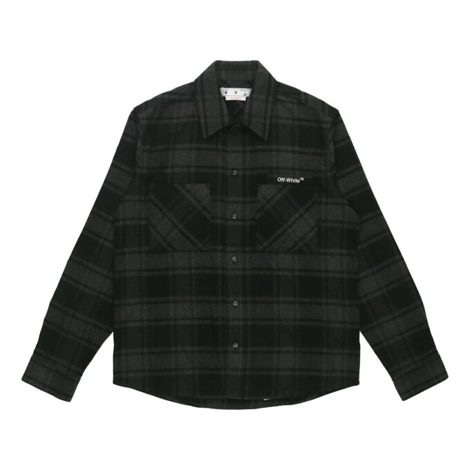 Off-White Men’ s Logo Plaid Flannel Long Sleeves Loose Fit Gray Shirt