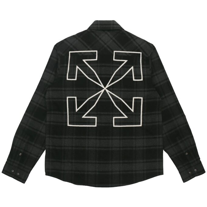 Off-White Men’ s Logo Plaid Flannel Long Sleeves Loose Fit Gray Shirt