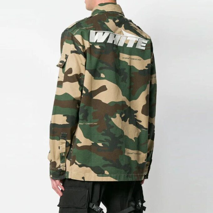 Off-White Men’ s Logo Printing Lapel Camouflage Jacket Loose Fit Green